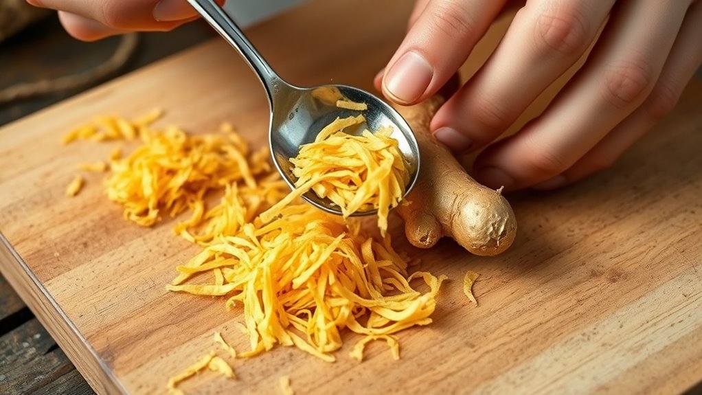 peel ginger with spoon